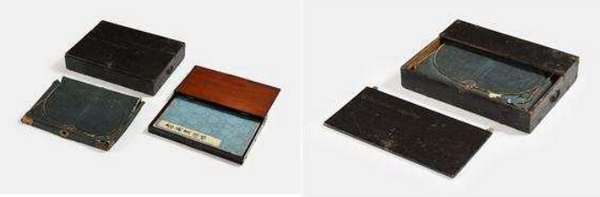 국보 제334호 ‘기사계첩 및 함’ 현황- 화첩, 내함, 호갑, 외궤(좌), 국보 제334호 ‘기사계첩 및 함’- 외궤에 호갑을 담은 모습(우)