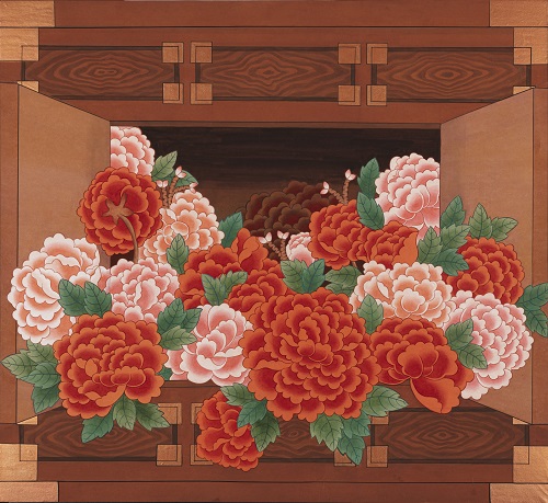 한옥담닮_신미경 꿈바라기(牡丹) 90x99cm 순지. 분채. 금분. 2022