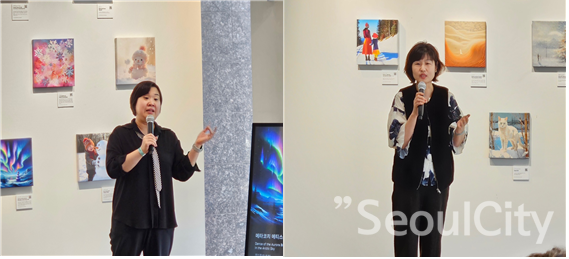 한국AI작가협회 김예은 이사장(죄측)과 금희라 사무국장(우측)이 협회 소개와 2024년 사업계획을 발표하고 있다.[사진=한국AI작가협회 제공]