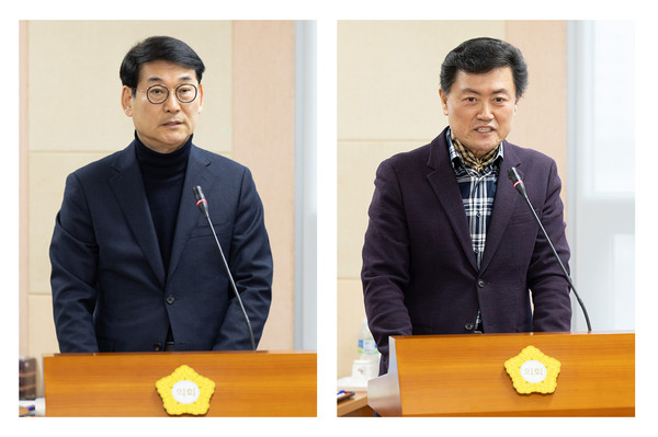 (사진 왼쪽부터) 곽노혁·김철수 의원이 15일 열린 제1차 상임위원회에서 제안설명을 하고 있다. (사진제공=구로구의회)