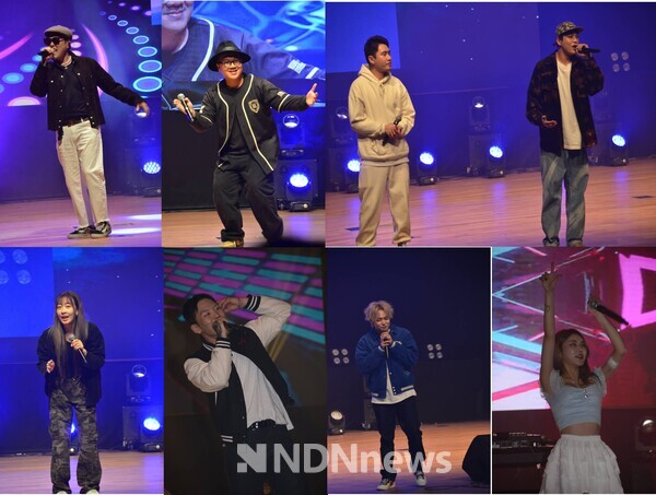 MC겸 가수 ‘락커스빈, 비트박스 사운드곰, 듀얼넘버 “크라이버-라쿤”, 차이트, 맥대디, 조광일, DJ예송이 활기찬 공연을 하고 있다 / 사진촬영 김인식 기자