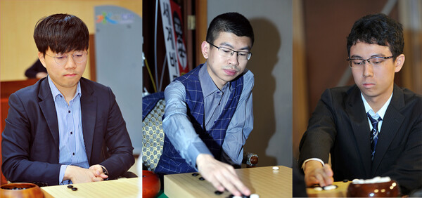 제24회 농심신라면배 한국, 중국, 일본 첫 주자 신민준-판팅위-이치리키료(좌측부터)(사진=한국기원 제공)