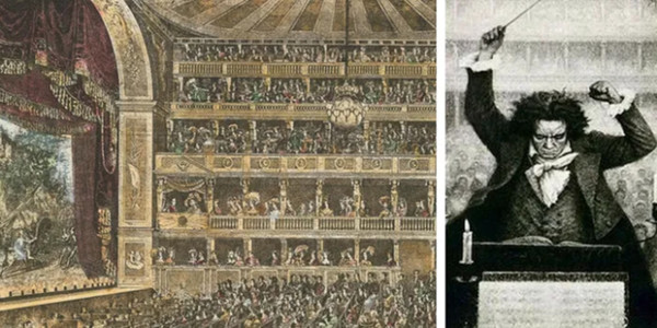 Inside the plush, fancy and ultimately freezing cold Theater-An-Der-Wien (left). Beethoven at the podium (right). (Photo=Medium)