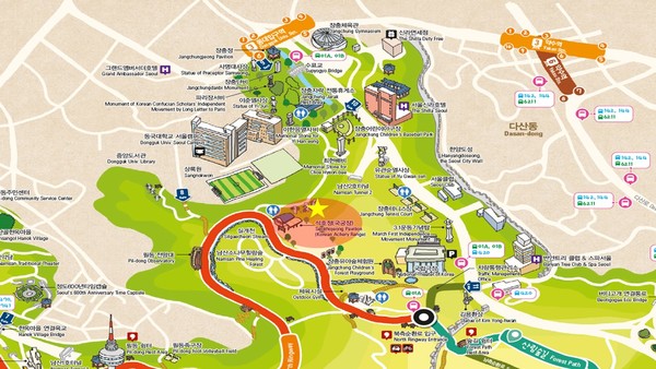 석호정 위치(남산둘레길 지도 내 노란색 별표). (출처=중부공원여가센터)