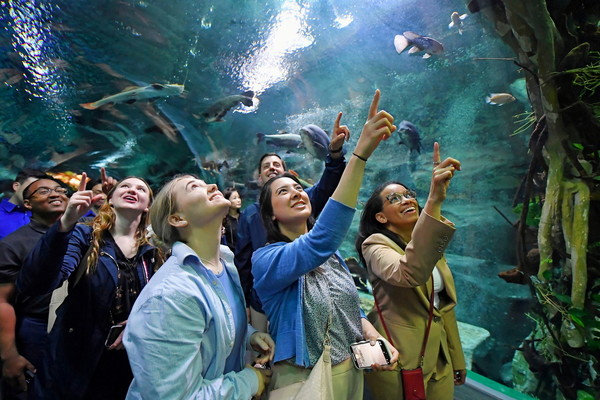 시티투어에 나선 하나님의 교회 해외성도방문단이 서울 송파구에 위치한 롯데월드 아쿠아리움에서 다양한 해양생물을 보며 행복한 기억을 만들었다. (사진제공=하나님의교회)