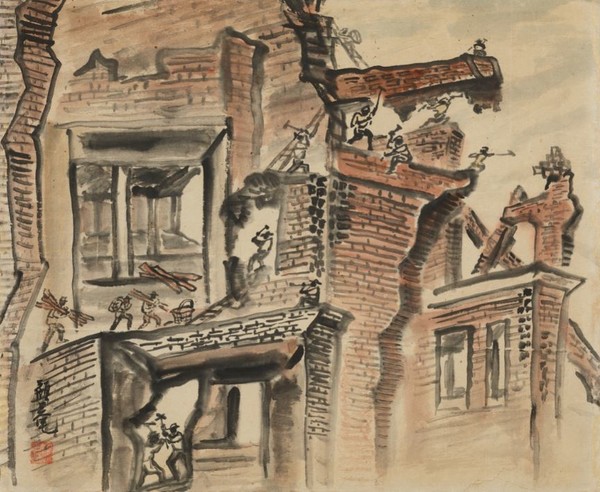 이응노, 재건현장, 1954, 종이에 먹, 색, 43×51.8cm, 국립현대미술관 소장. (출처=MMCA)