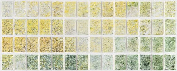 박형진, 개나리동산 Garden of Korean forsythia,156cm x 378cm,모눈종이에 채색,Coloring on grain paper,2021 (출처=갤러리플래닛)