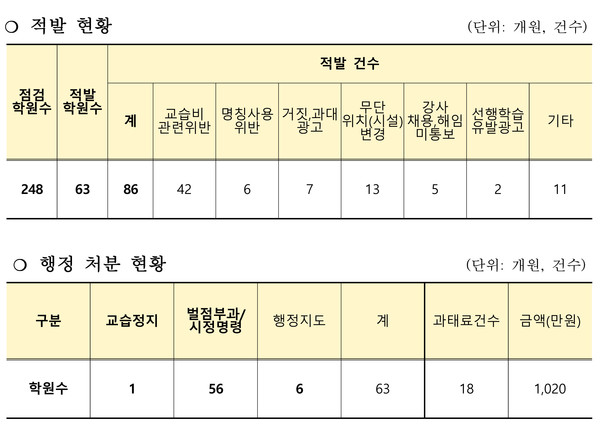 유아대상 영어학원 특별점검결과. (자료제공=서울특별시교육청)