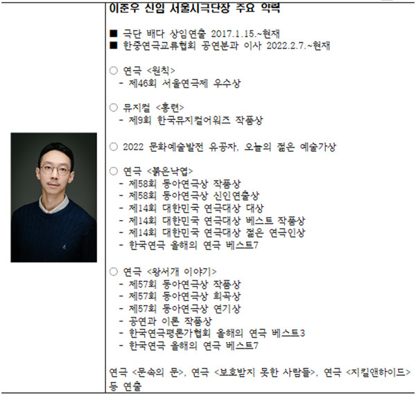 이준우 신임 서울시극단장 주요 약력 (자료제공=세종문화회관)